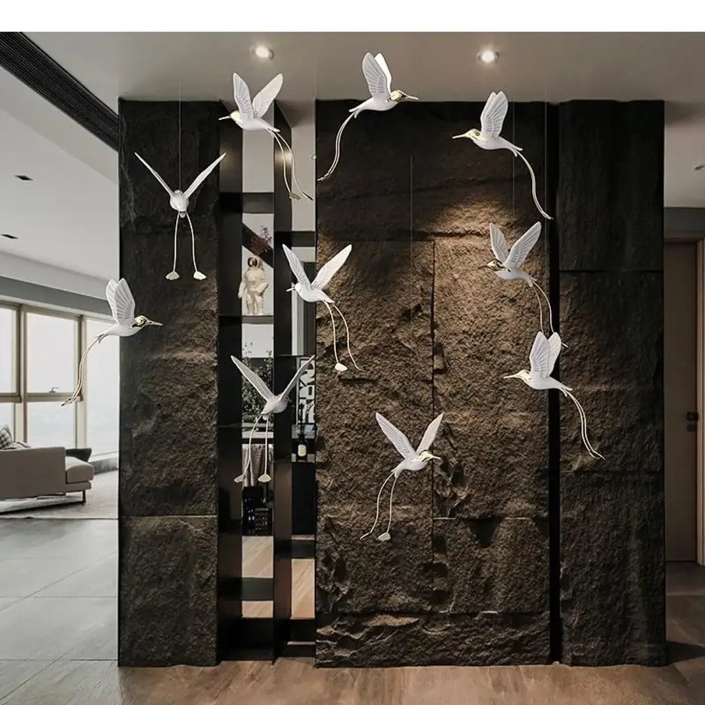 Suspension oiseaux lumineux blanc et doré, style moderne