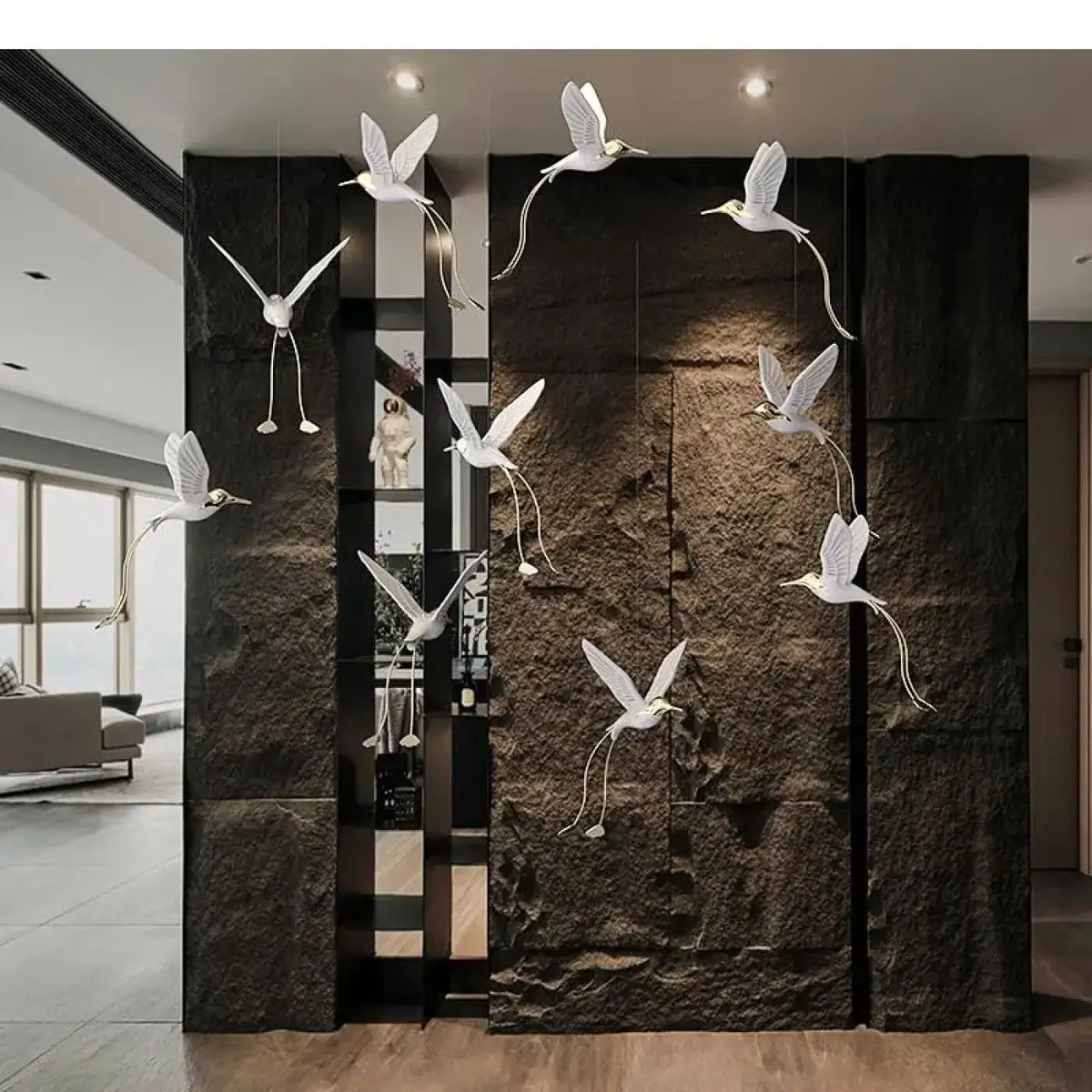 Suspension oiseaux lumineux blanc et doré, style moderne