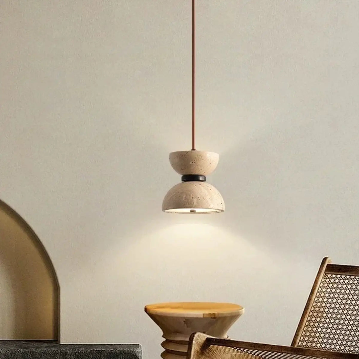 Suspension LED en pierre beige, ligne épurée, blanc chaud ou froid