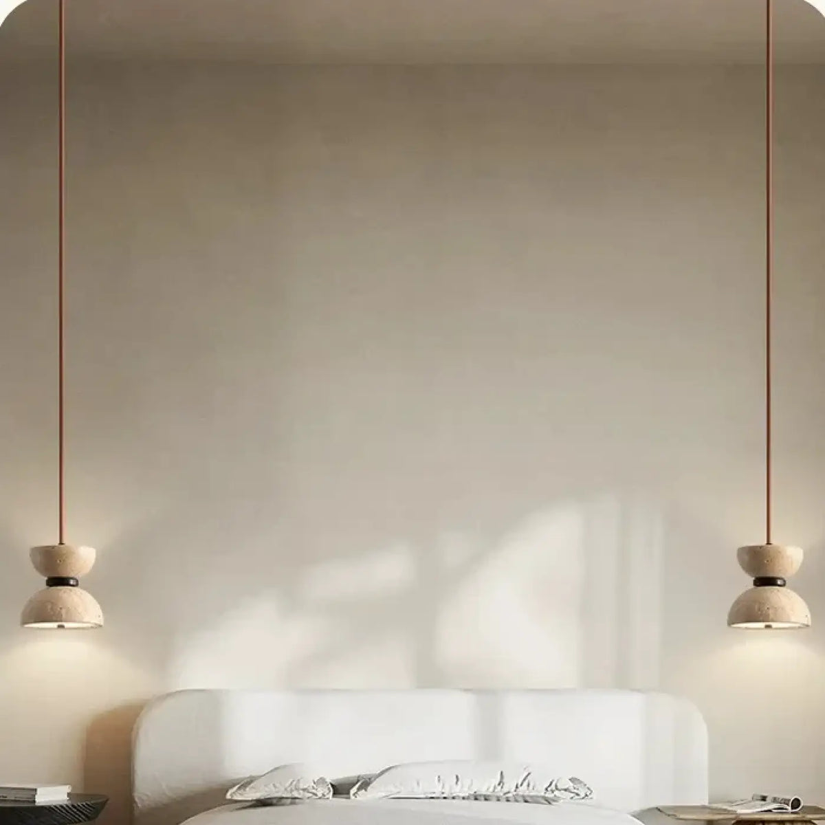 Suspension LED en pierre beige, ligne épurée, blanc chaud ou froid