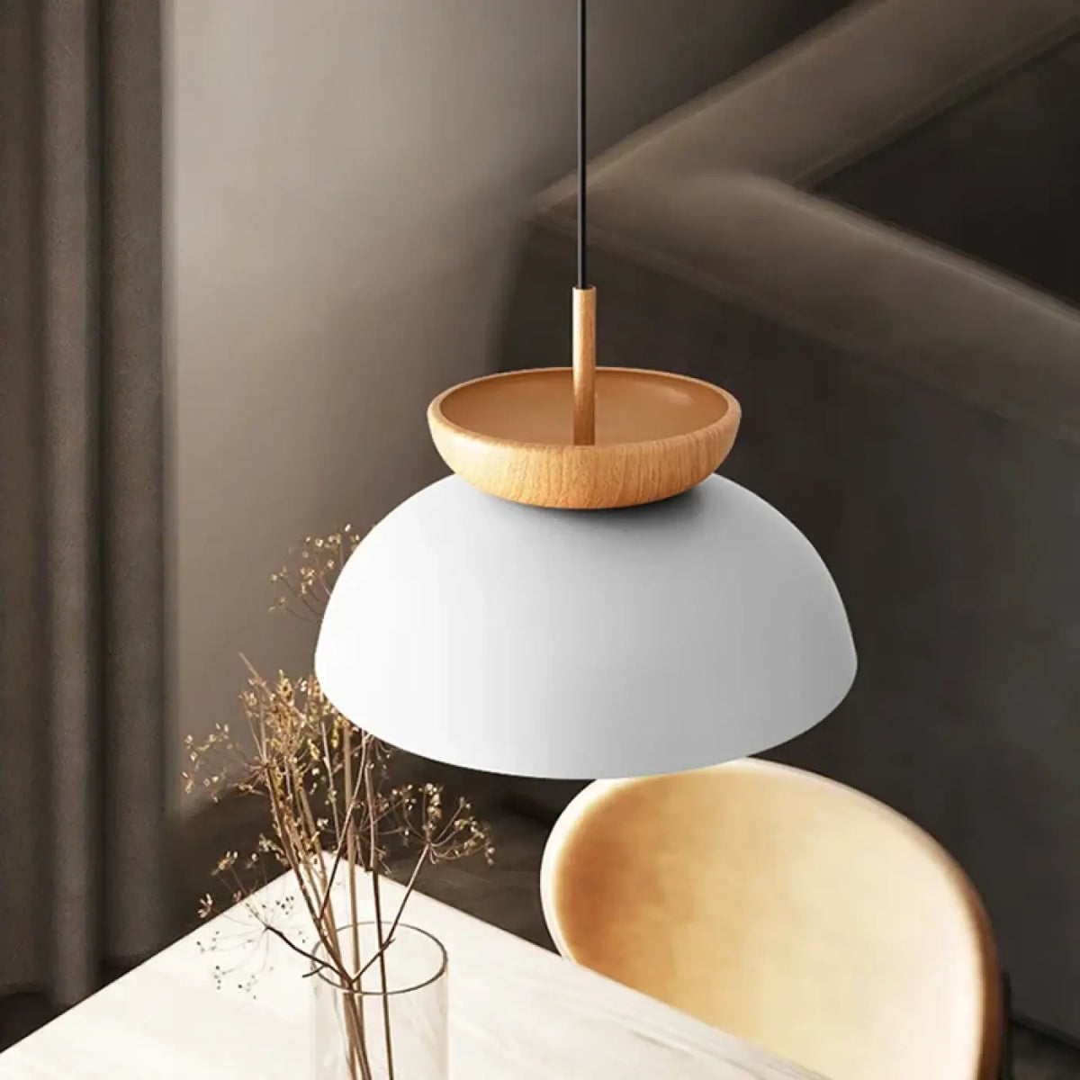 Suspension scandinave avec détail en bois, noir ou blanc, blanc
