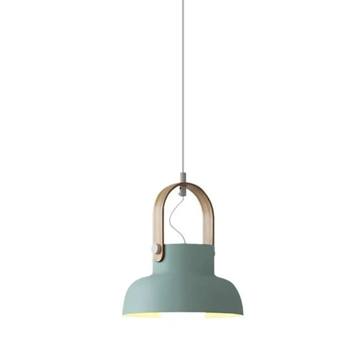 Suspension scandinave colorée avec détail en bois, quatre coloris, bleu