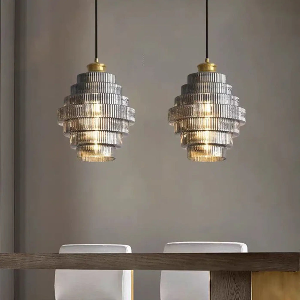 Suspension en verre strié style art déco, doré ou gris