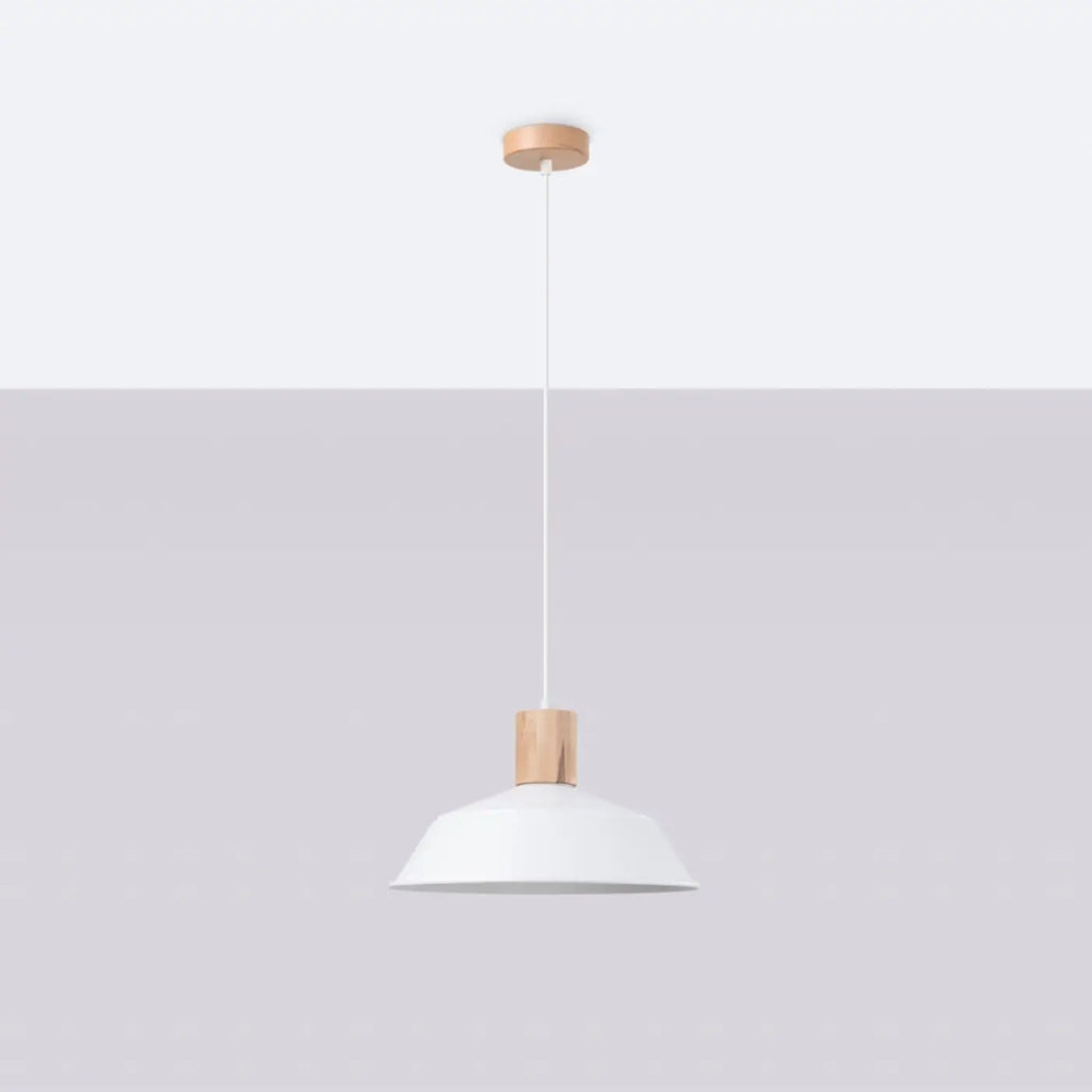 Suspension dôme en acier avec coiffe en bois naturel, 34 cm, blanc