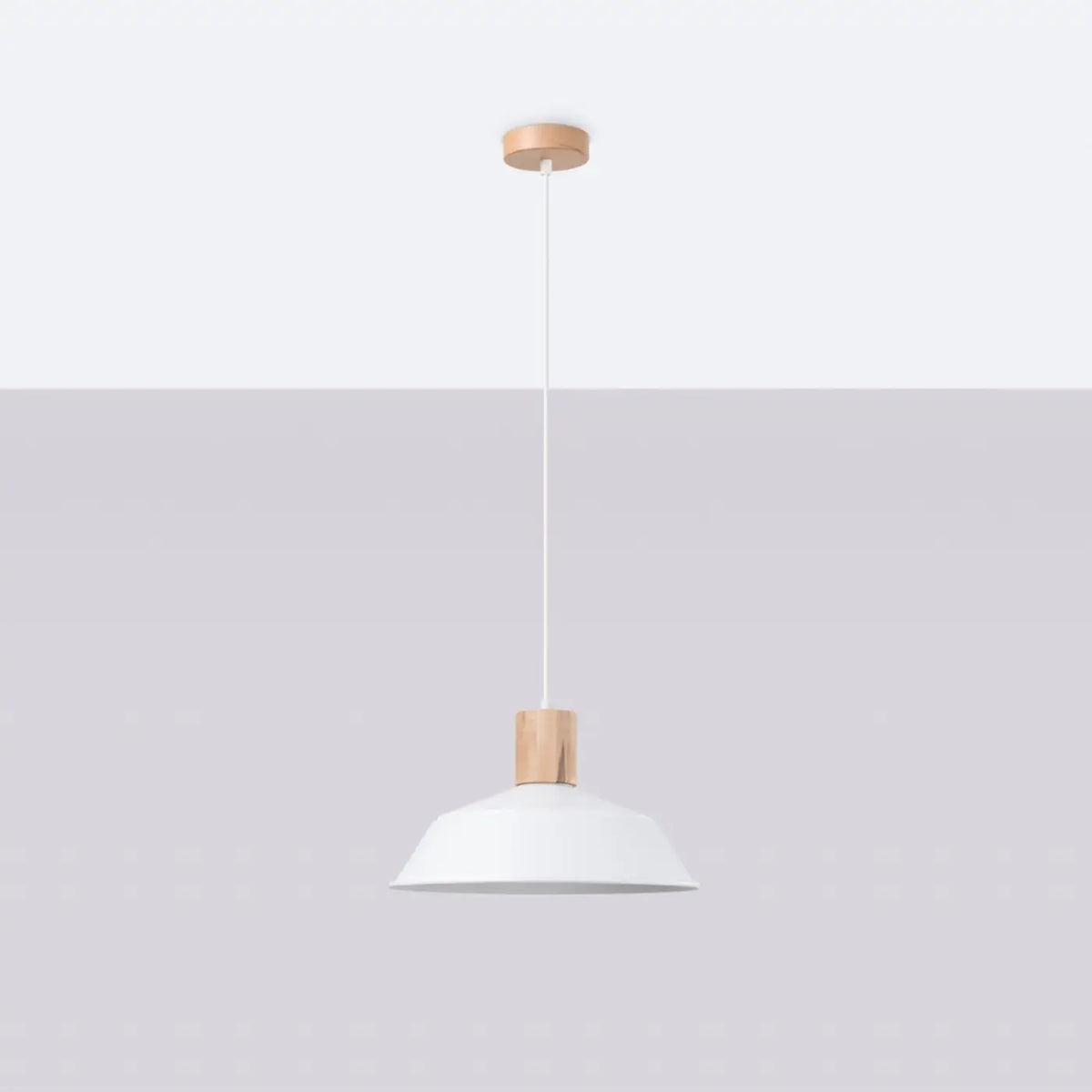 Suspension dôme en acier avec coiffe en bois naturel, 34 cm, blanc