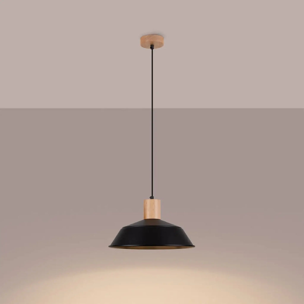 Suspension dôme en acier avec coiffe en bois naturel, 34 cm