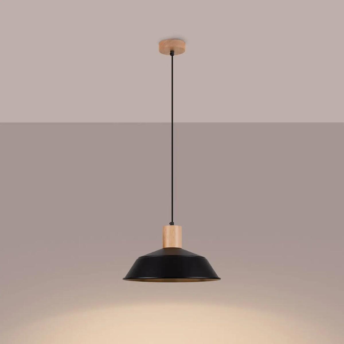 Suspension dôme en acier avec coiffe en bois naturel, 34 cm