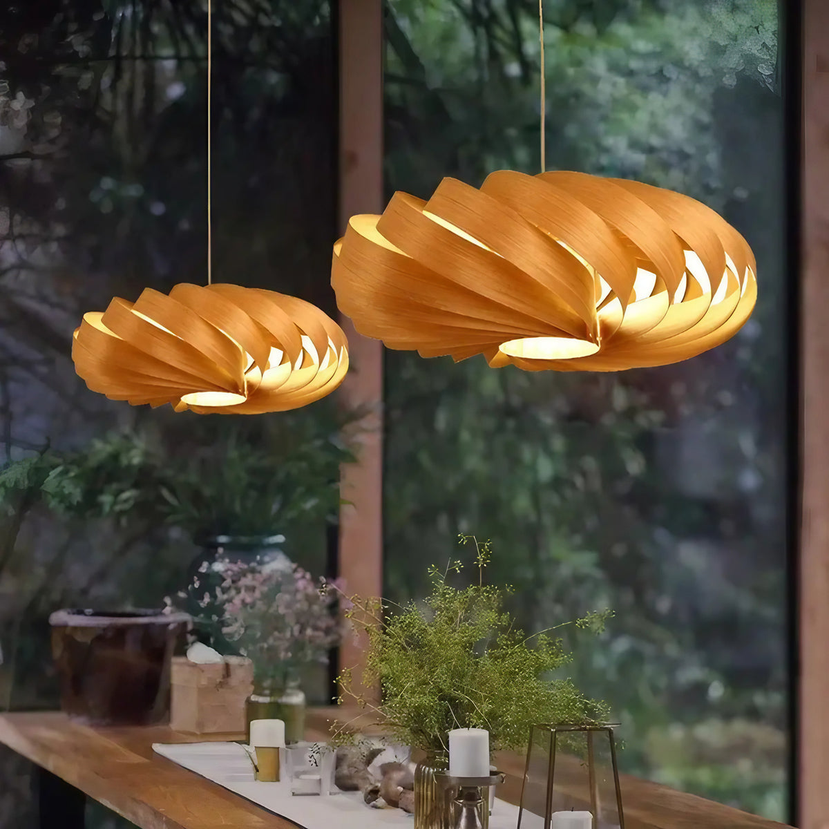 Suspension en bois à globes lumineux, quatre tailles de S à XL