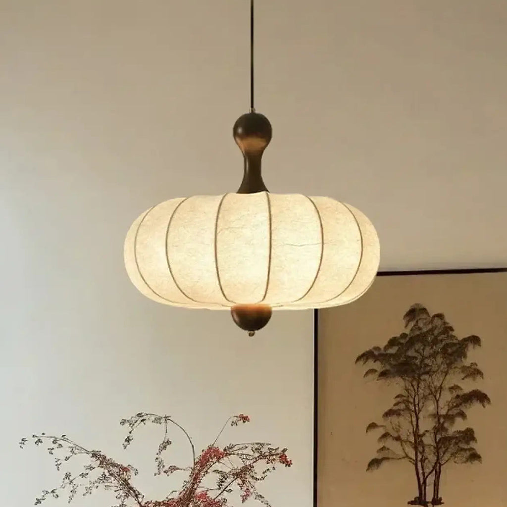 Suspension japonaise en tissu plissé beige et bois, tailles S et M