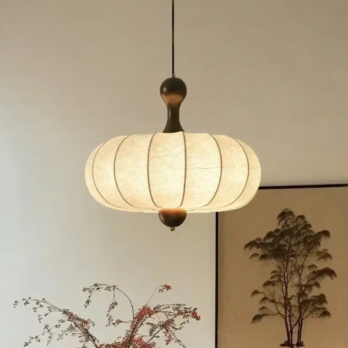 Suspension japonaise en tissu plissé beige et bois, tailles S et M