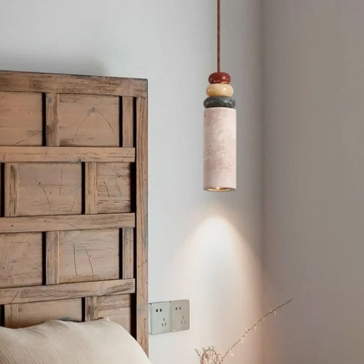 Suspension en travertin jaune et bois, tailles S et M