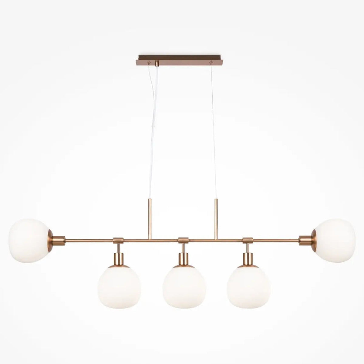 Suspension linéaire à cinq globes opalins, argent ou cuivre, cuivre