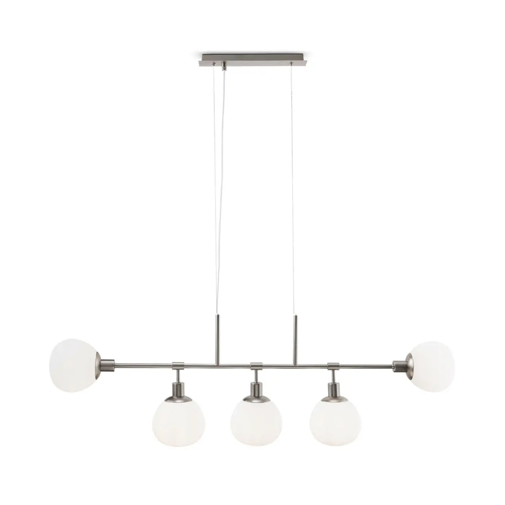 Suspension linéaire à cinq globes opalins, argent ou cuivre
