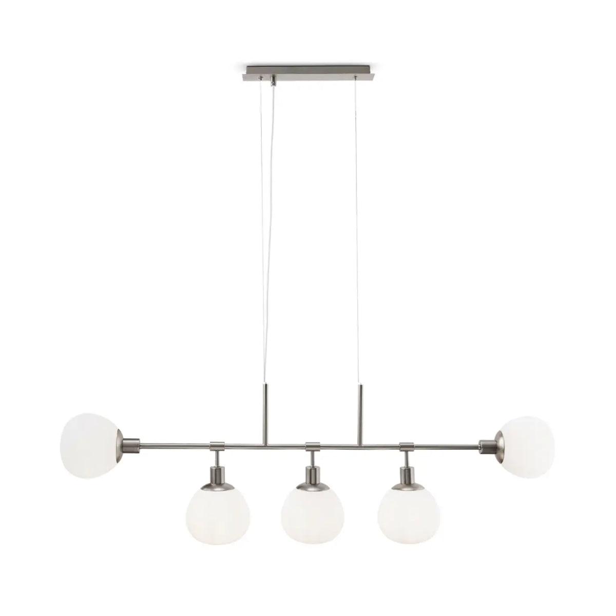 Suspension linéaire à cinq globes opalins, argent ou cuivre