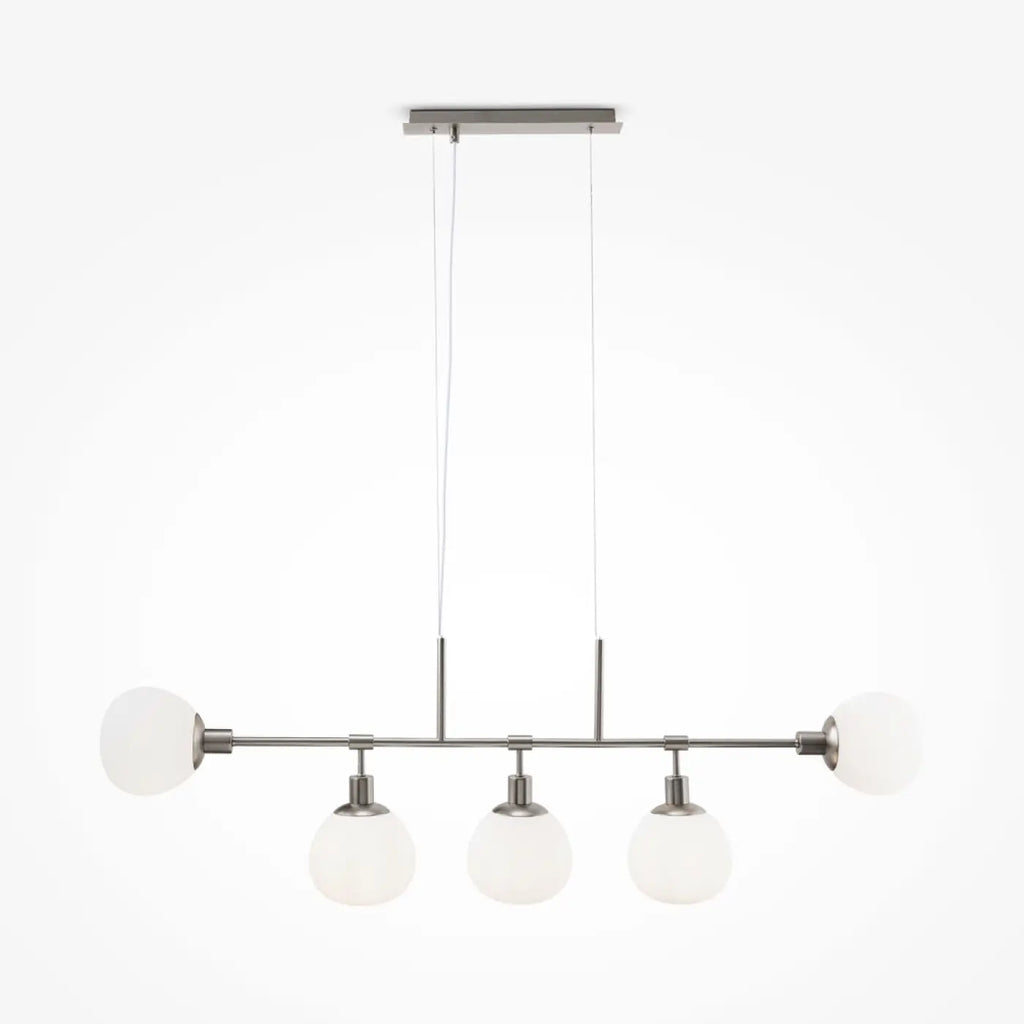 Suspension linéaire à cinq globes opalins, argent ou cuivre, argenté