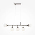 Suspension linéaire à cinq globes opalins, argent ou cuivre, argenté