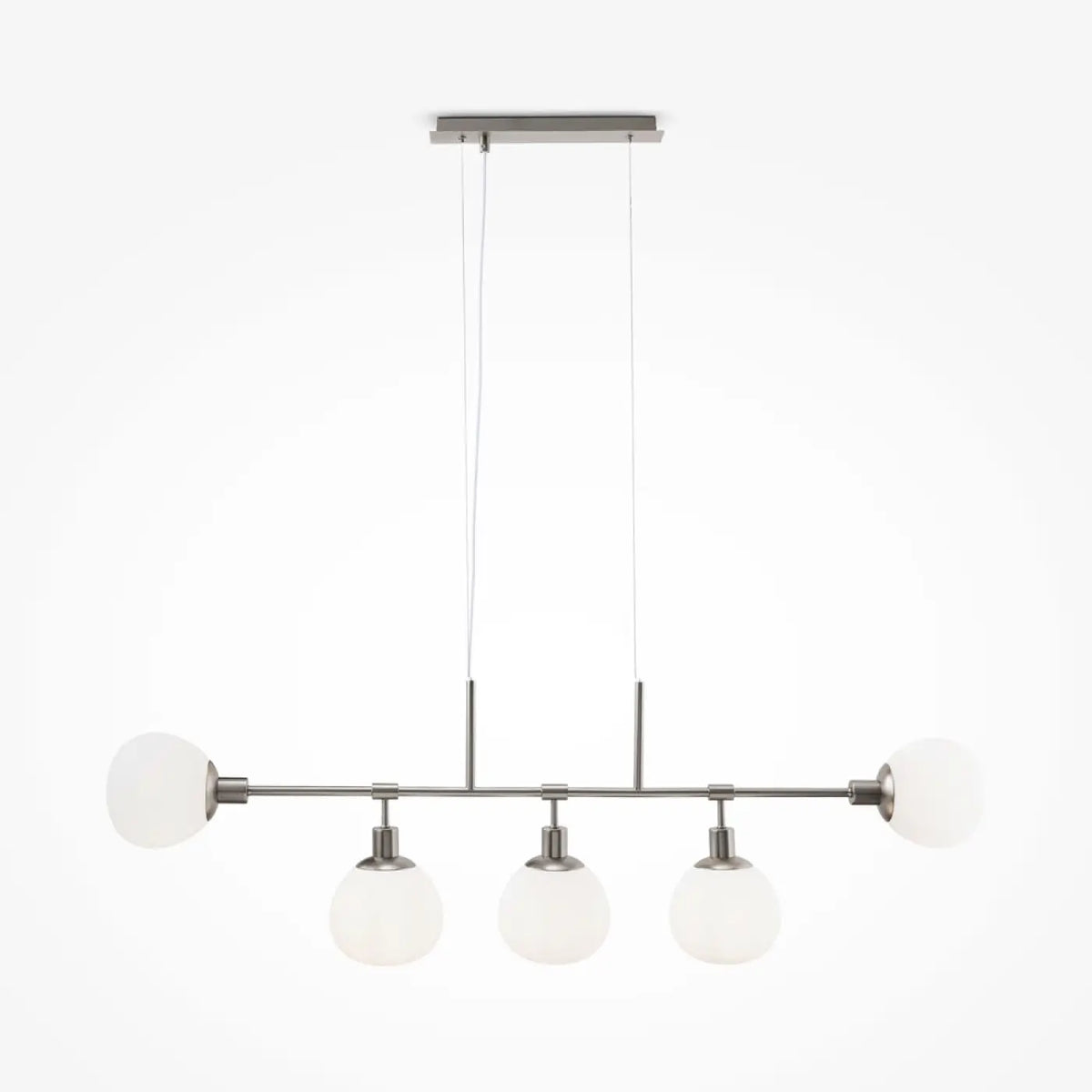 Suspension linéaire à cinq globes opalins, argent ou cuivre, argenté