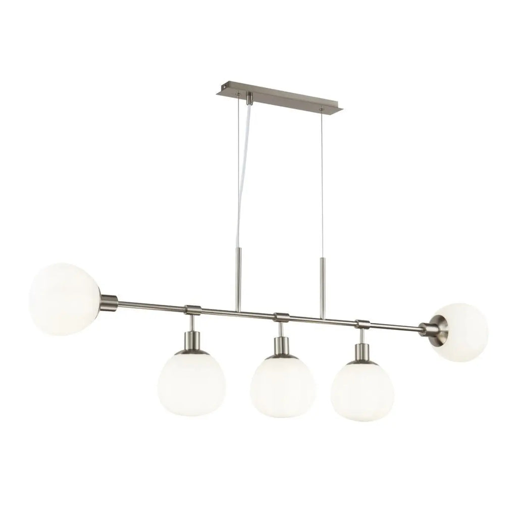 Suspension linéaire à cinq globes opalins, argent ou cuivre