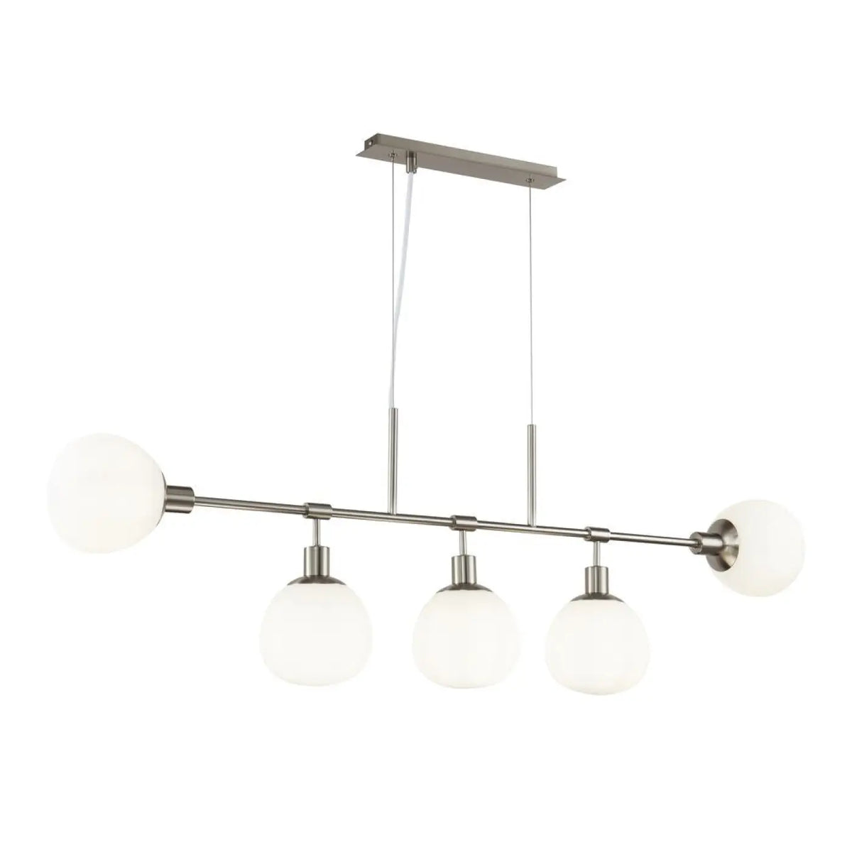 Suspension linéaire à cinq globes opalins, argent ou cuivre
