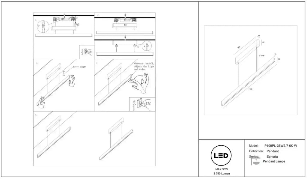Suspension LED linéaire 116 cm à hauteur réglable, 2700 à 6000 K