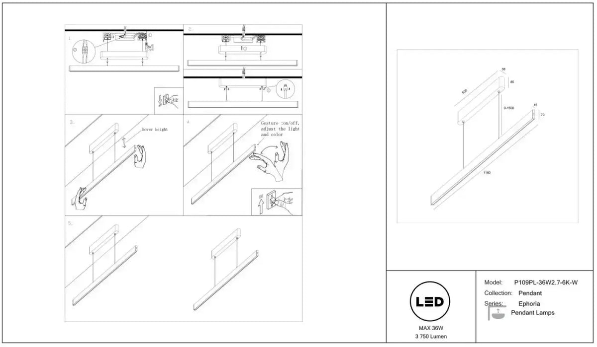 Suspension LED linéaire 116 cm à hauteur réglable, 2700 à 6000 K