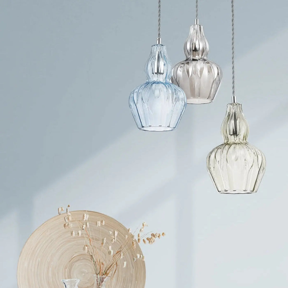 Petite suspension cloche en verre, bleu ou transparent, culot E14