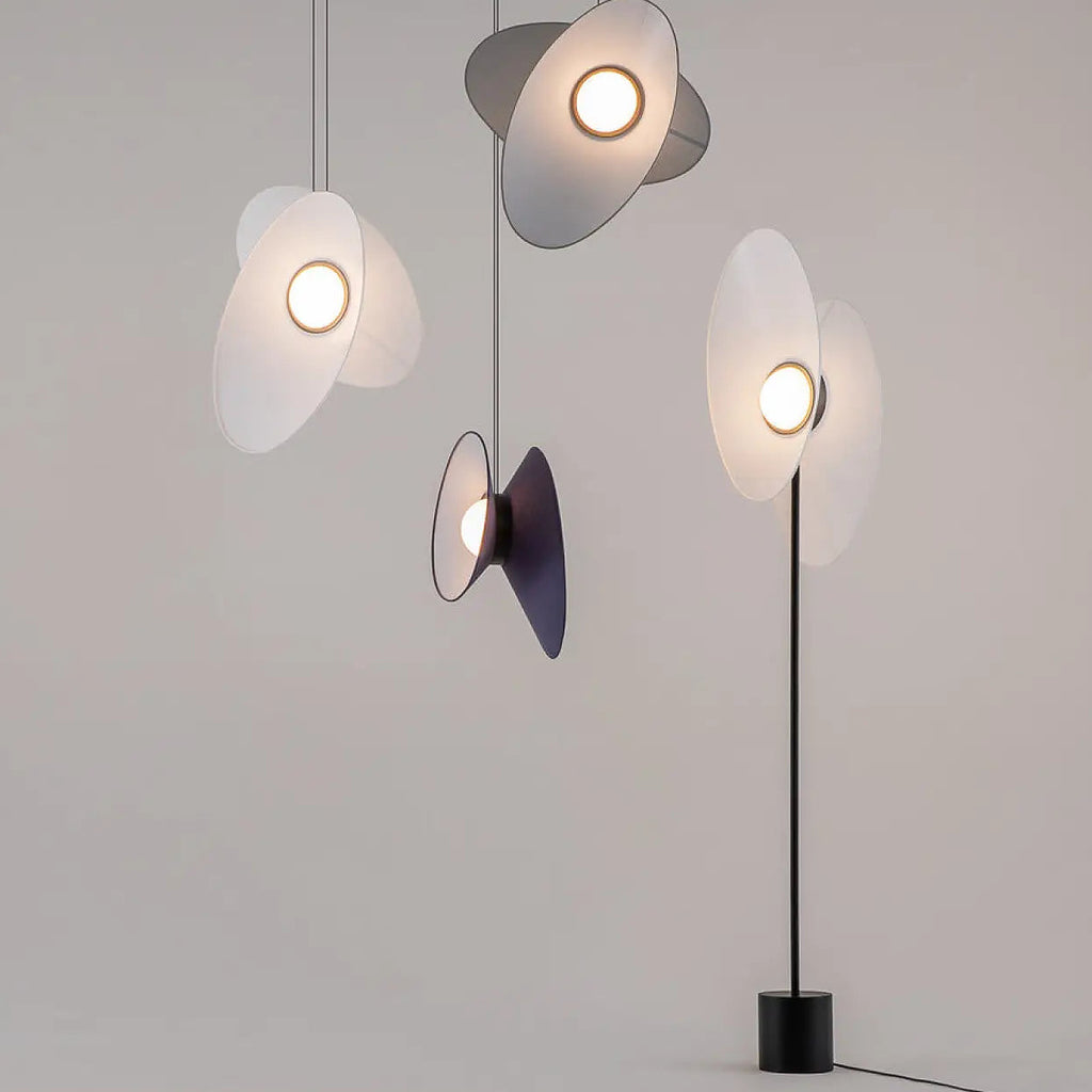 Suspension LED à deux abat-jour en tissu, blanc, gris ou bleu