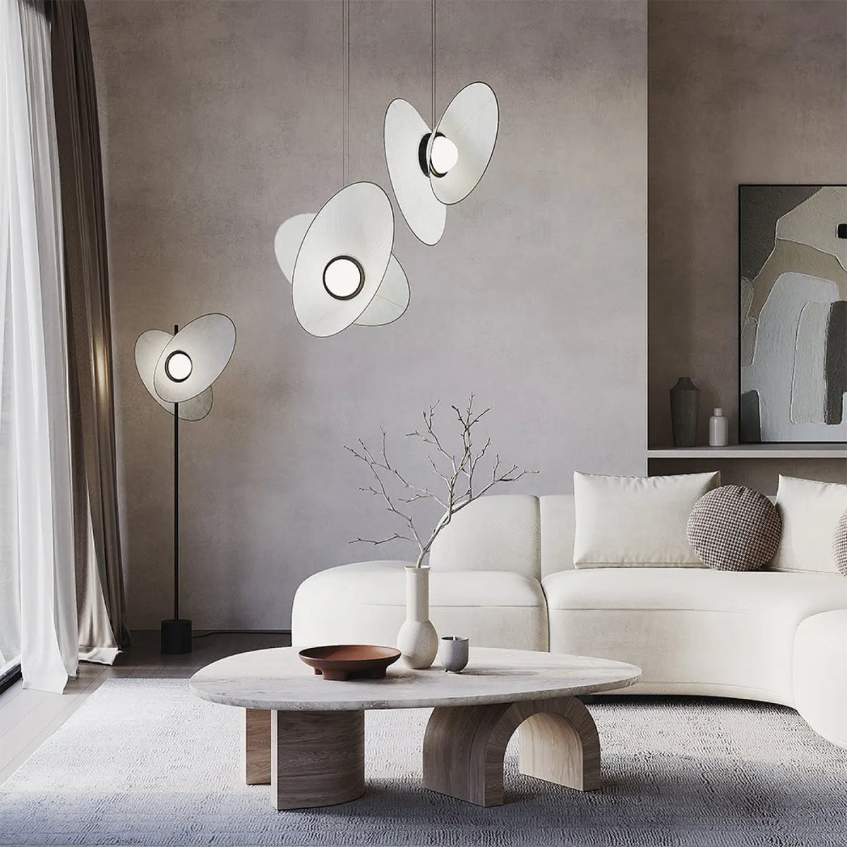 Suspension LED à deux abat-jour en tissu, blanc, gris ou bleu