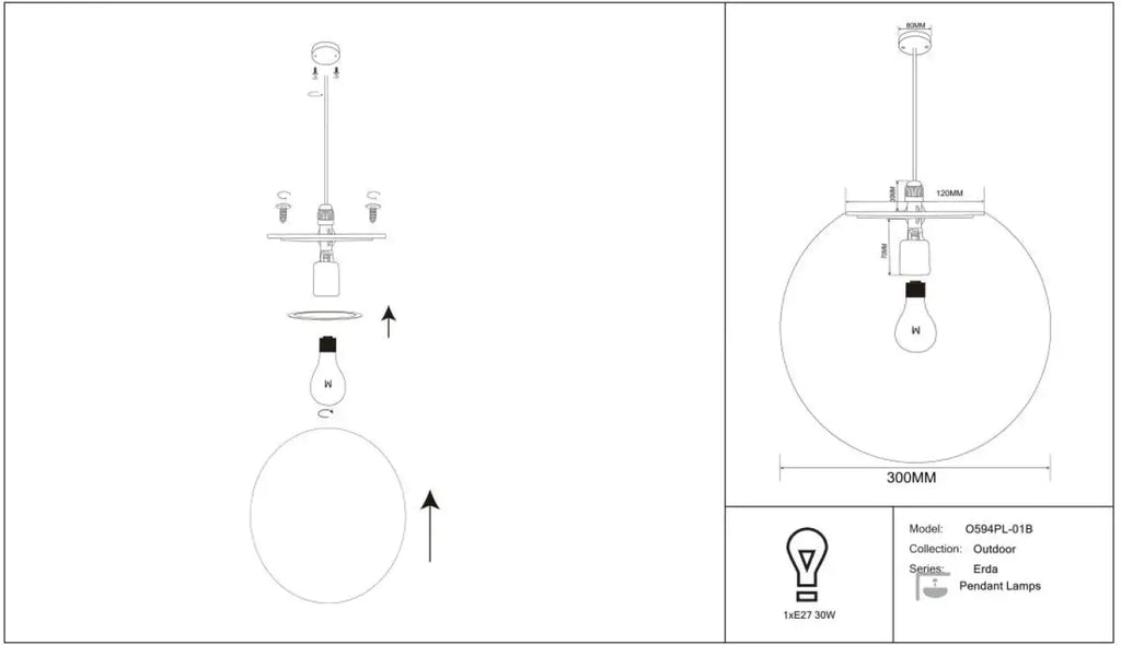 Suspension extérieure globe opalin, IP54, monture noire ou blanche