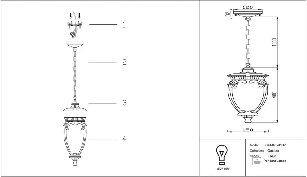Suspension lanterne d'extérieur baroque en acier, culot E27, IP44