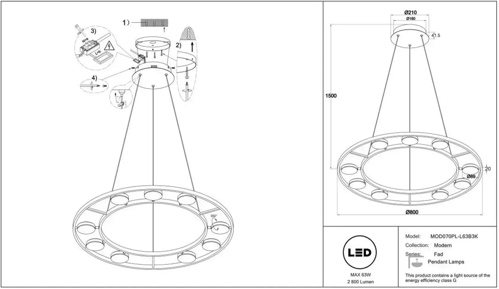 Suspension LED anneau noir à spots orientables, blanc chaud