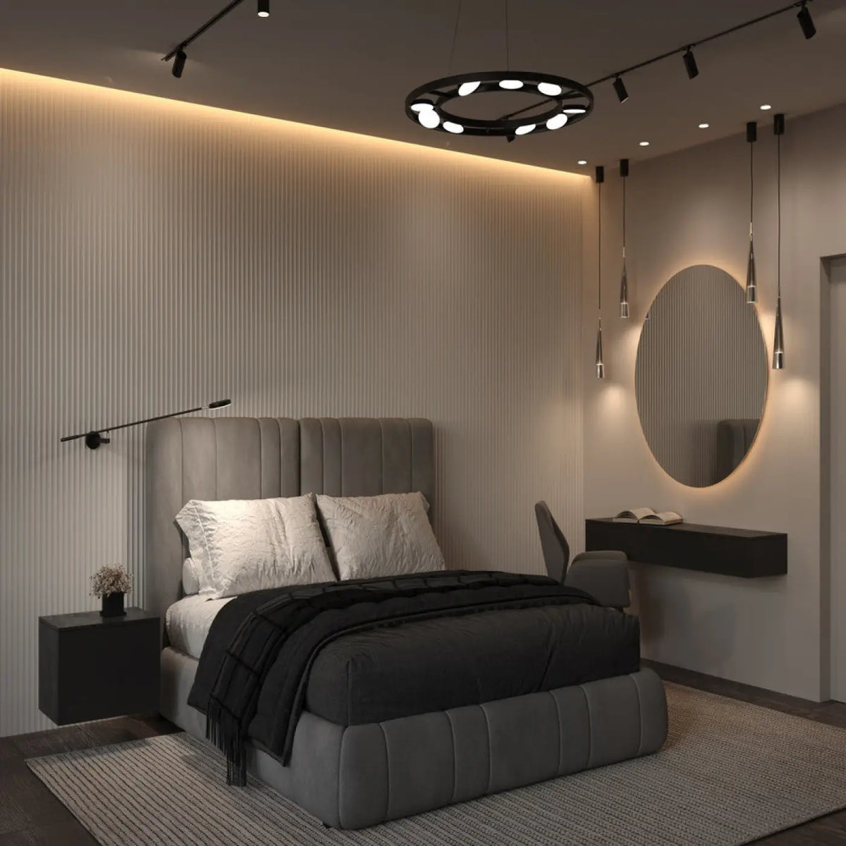 Suspension LED anneau noir à spots orientables, blanc chaud