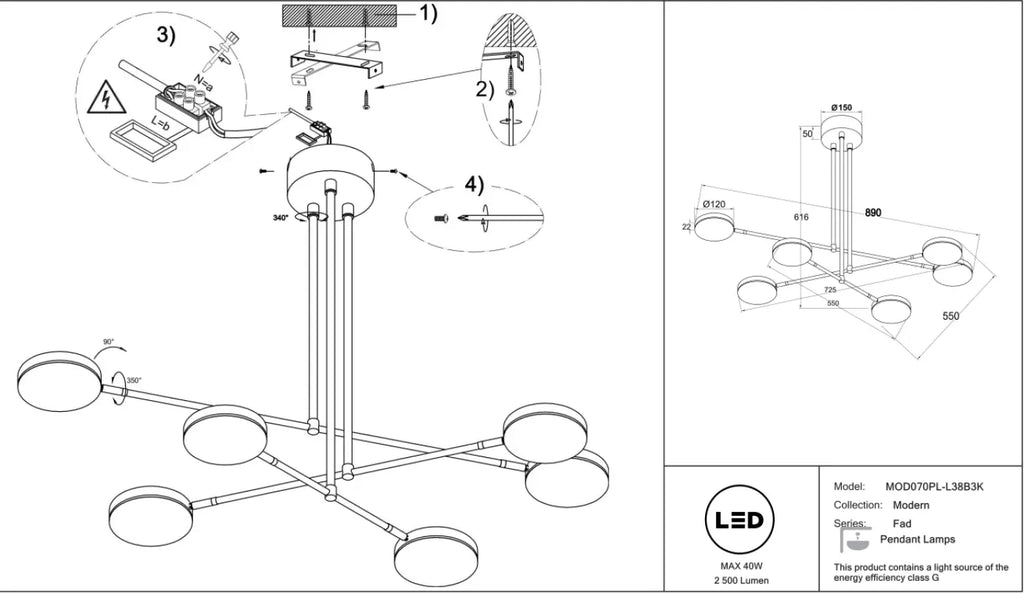 Suspension LED à bras articulés en métal noir, 89 cm d'envergure