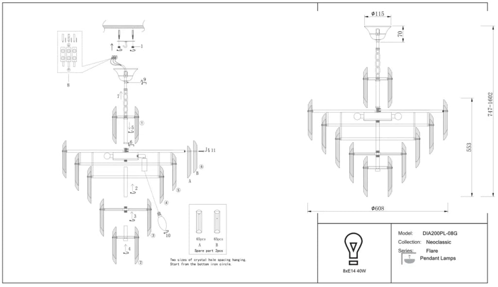 Suspension à verres fumés étagés, structure dorée, 6 ou 8 lumières
