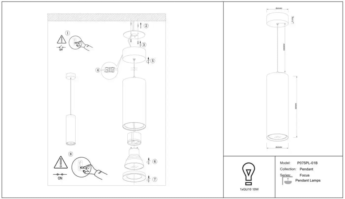 Suspension cylindre étroit en acier, lumière dirigée GU10