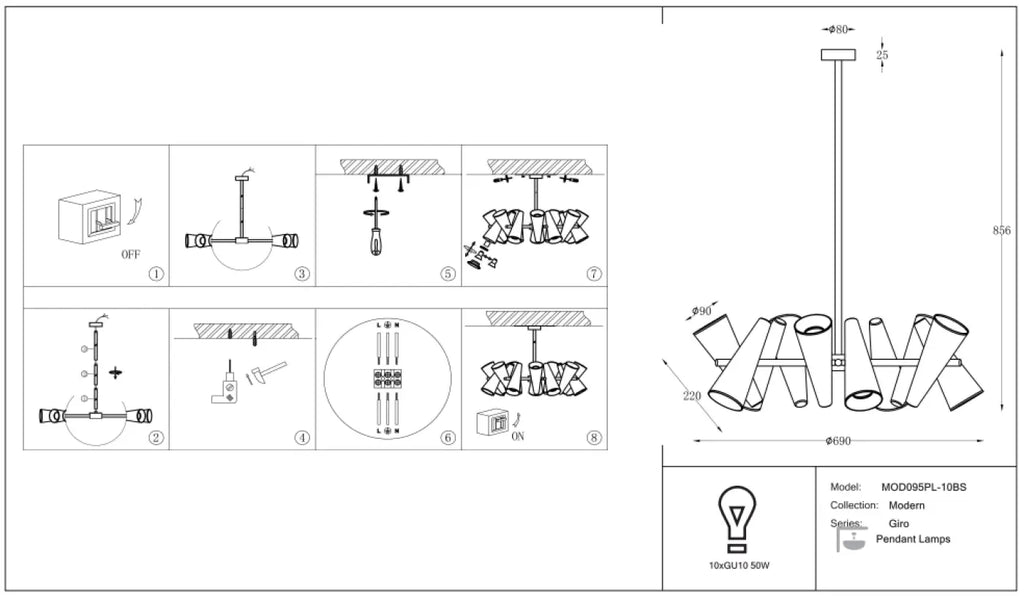 Suspension couronne à dix spots orientables, acier doré, 69 cm