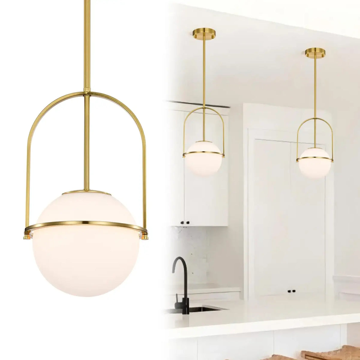 Suspension globe en verre opalin, monture dorée ou noire