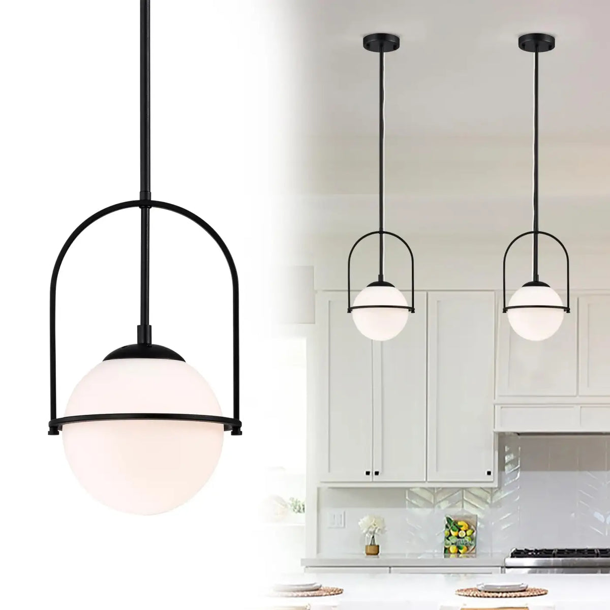 Suspension globe en verre opalin, monture dorée ou noire, noir