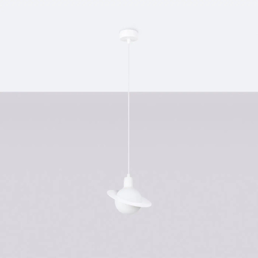 Suspension planète, globe opalin et anneau en acier, 20 cm, blanc