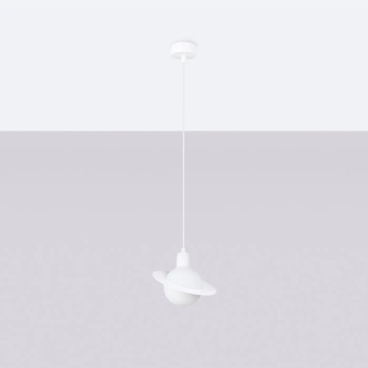 Suspension planète, globe opalin et anneau en acier, 20 cm, blanc