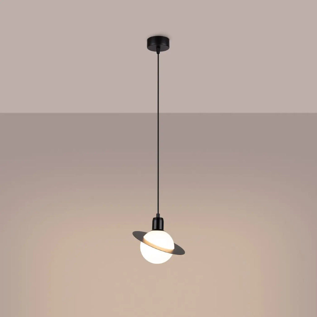 Suspension planète, globe opalin et anneau en acier, 20 cm