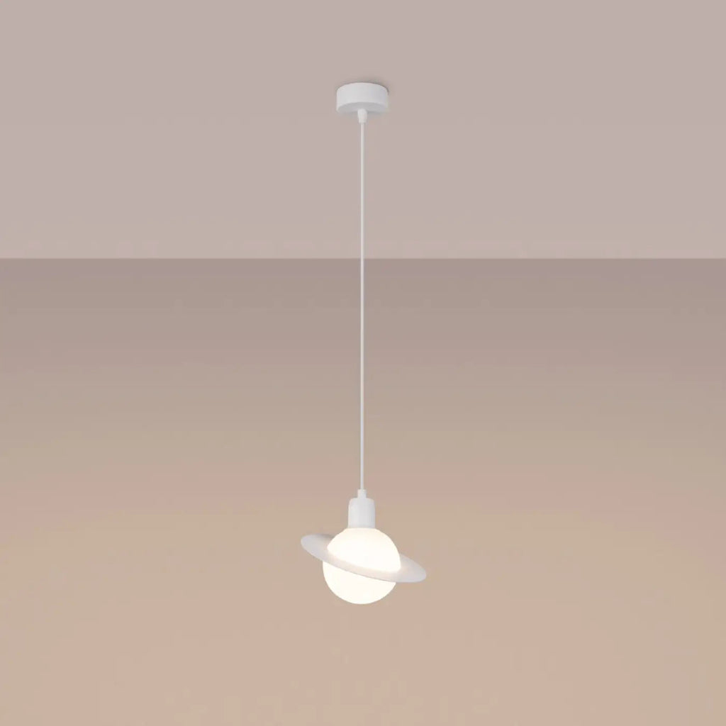 Suspension planète, globe opalin et anneau en acier, 20 cm