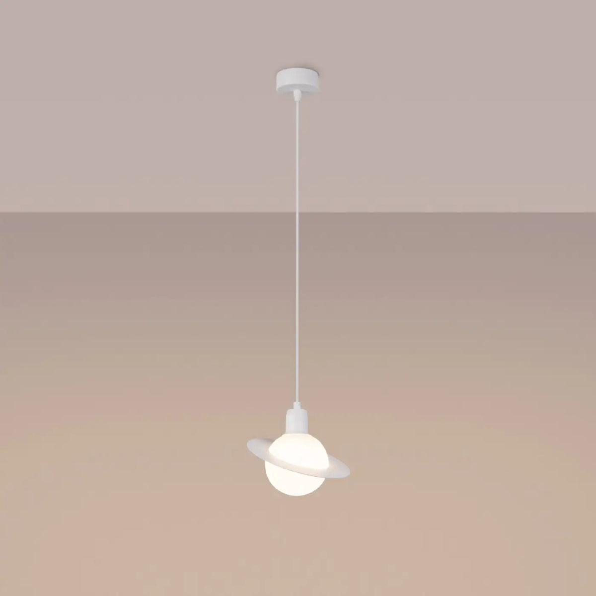 Suspension planète, globe opalin et anneau en acier, 20 cm