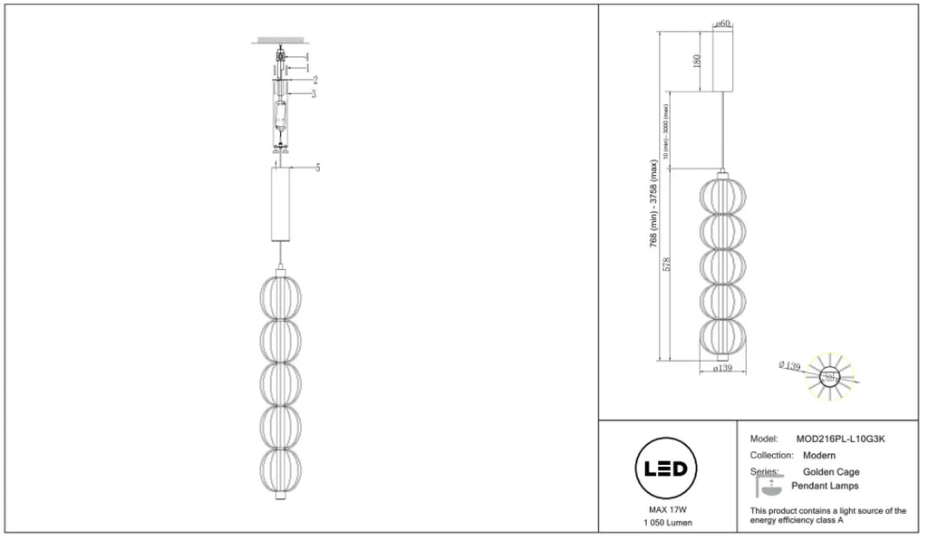 Suspension LED tube vertical dans une cage dorée, 58 cm