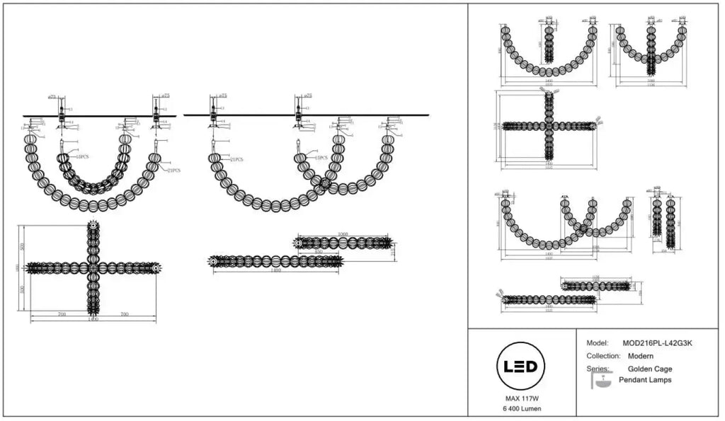 Grande suspension LED en cage d'acier doré, 154 cm de long