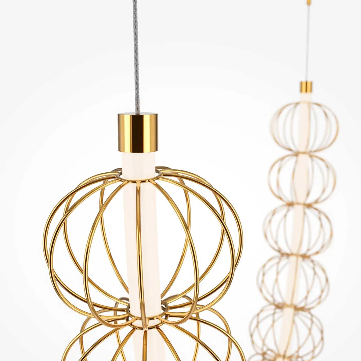 Grande suspension LED en cage d'acier doré, 154 cm de long