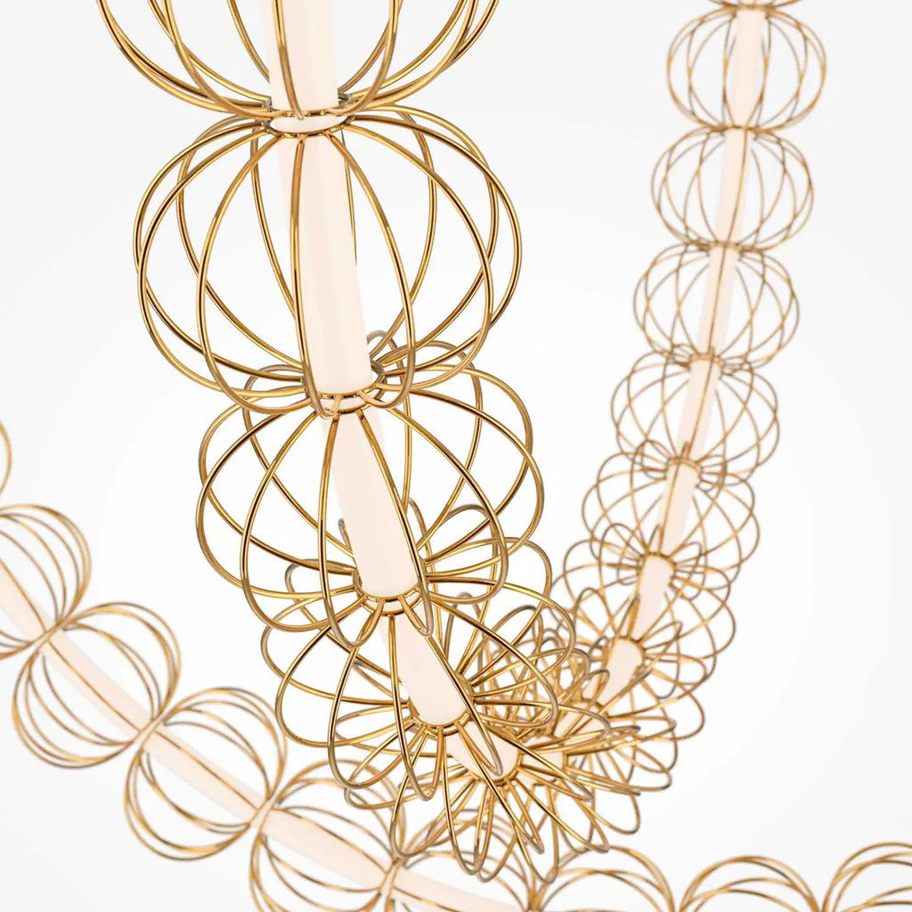 Grande suspension LED en cage d'acier doré, 154 cm de long