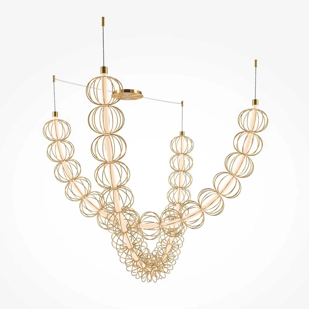 Grande suspension LED en cage d'acier doré, 154 cm de long