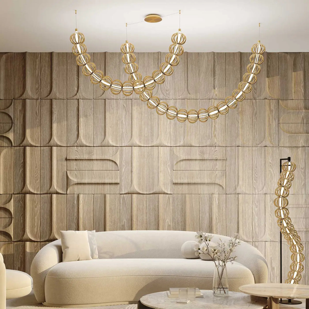Grande suspension LED en cage d'acier doré, 154 cm de long