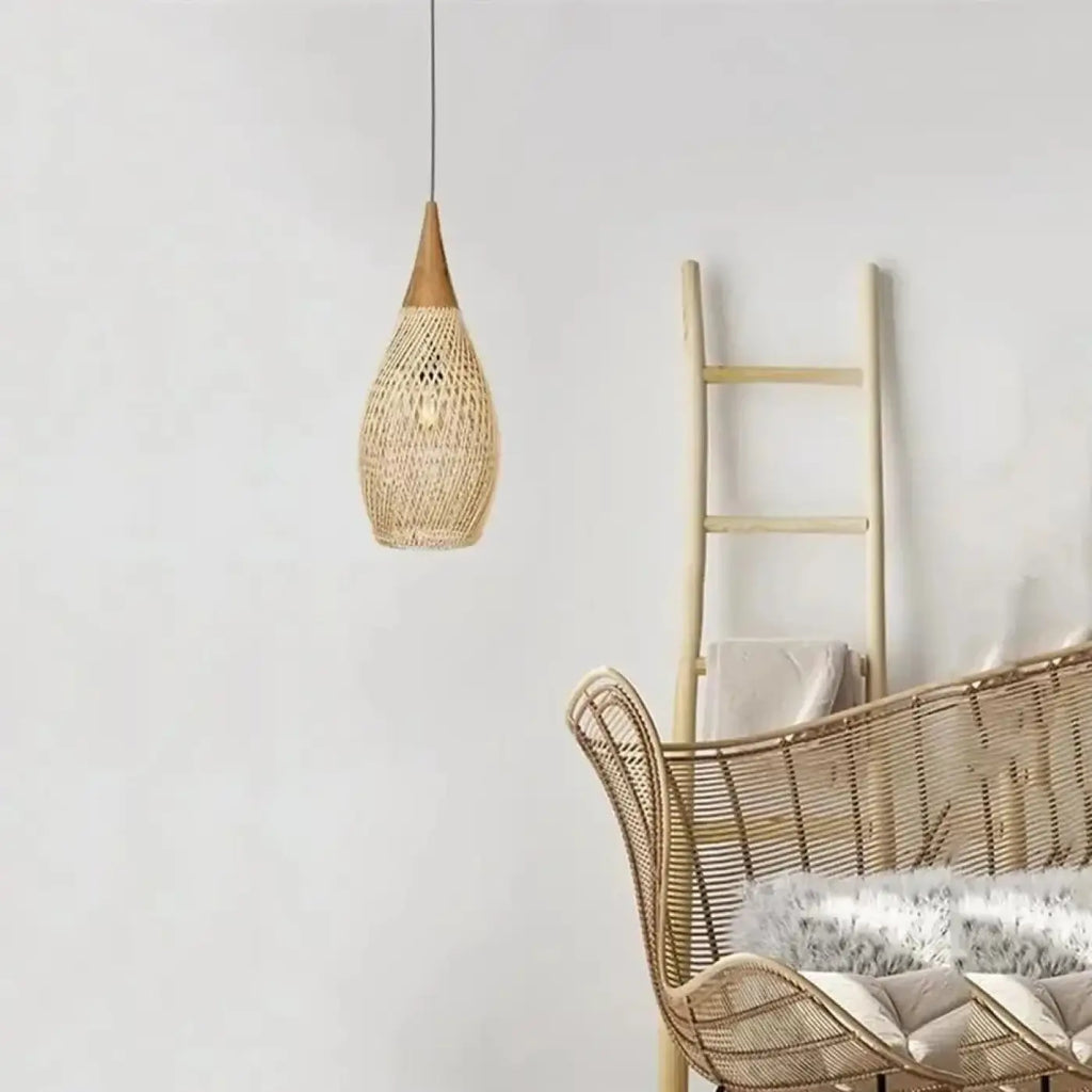 Suspension goutte en rotin et bois, style japonais, S ou M